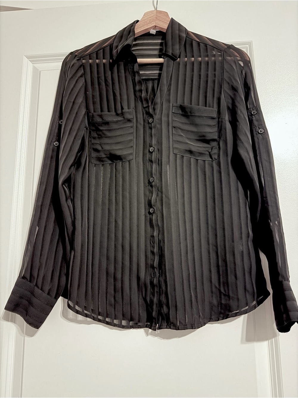 Express Portofino Black Sheer Vertical-Striped Button-Down Shirt